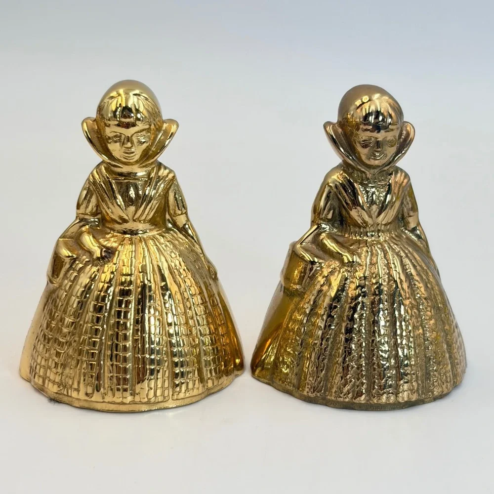 2 Vintage Brass Dutch Girl Dinner Table Hand Bell Figural Mantle Decor Regency